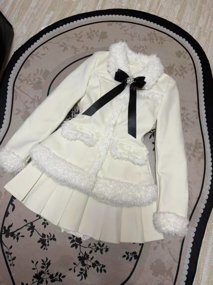 

Sweet Korean Style Fashion Slim Winter Tow-piece Set Warm Elegant Design Bow Long Sleeve Short Skirt Suit Women's Chic Outfits