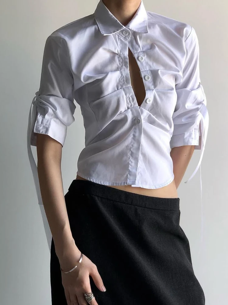

Korobov Autumn Elegant Temperament Stand Neck Long Sleeve Solid Slim Slim Waist Tunic Folds Women Shirt