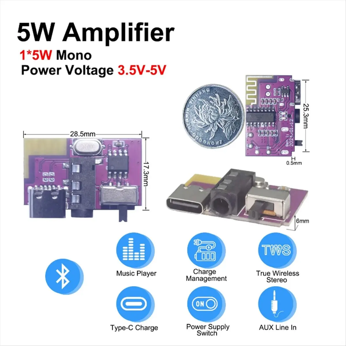(DT37) DC3.5V-5V 5W Mono Audio Amplifier Bluetooth Decoder Board Supports TWS Pair TYPE-C Interface Electronic Component Kit