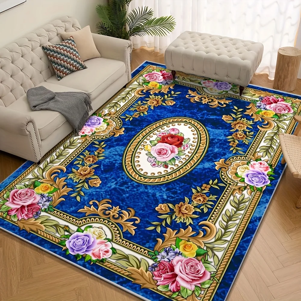 1pc of Luxurious Blue Velvet Area Rug Featuring a Bohemian Floral Pattern, Equipped with a Non-Slip Backing And Machine Washable