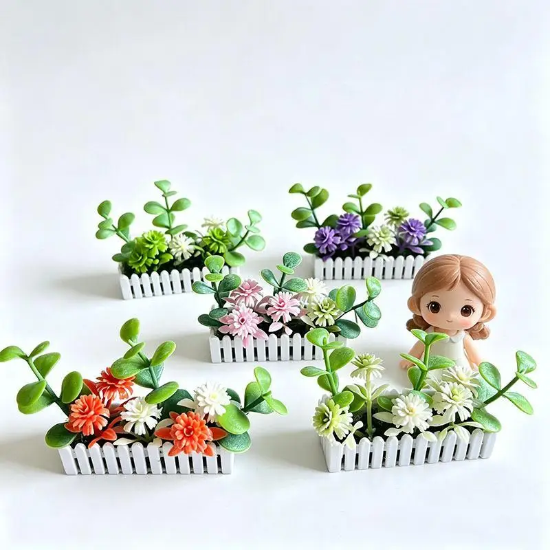 Mini Artificial Potted Flower Plants: White Fence Dollhouse Model Micro Landscape Ornament