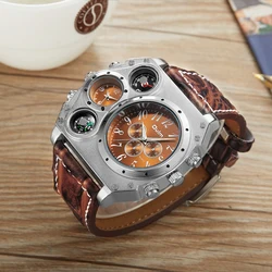 Oulm Original 1349 Two Time Zone Sport Watch Large Dial Big Size Male Quartz Clock Decorative Compass Men Military Watches