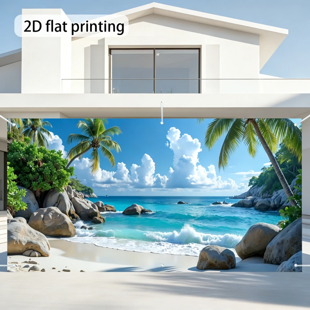 

2D Flat 1pc Polyester Party Banner Tropical Beach Scenery Garage Door Banner - Large Fabric Outdoor Decoration with Palm Trees