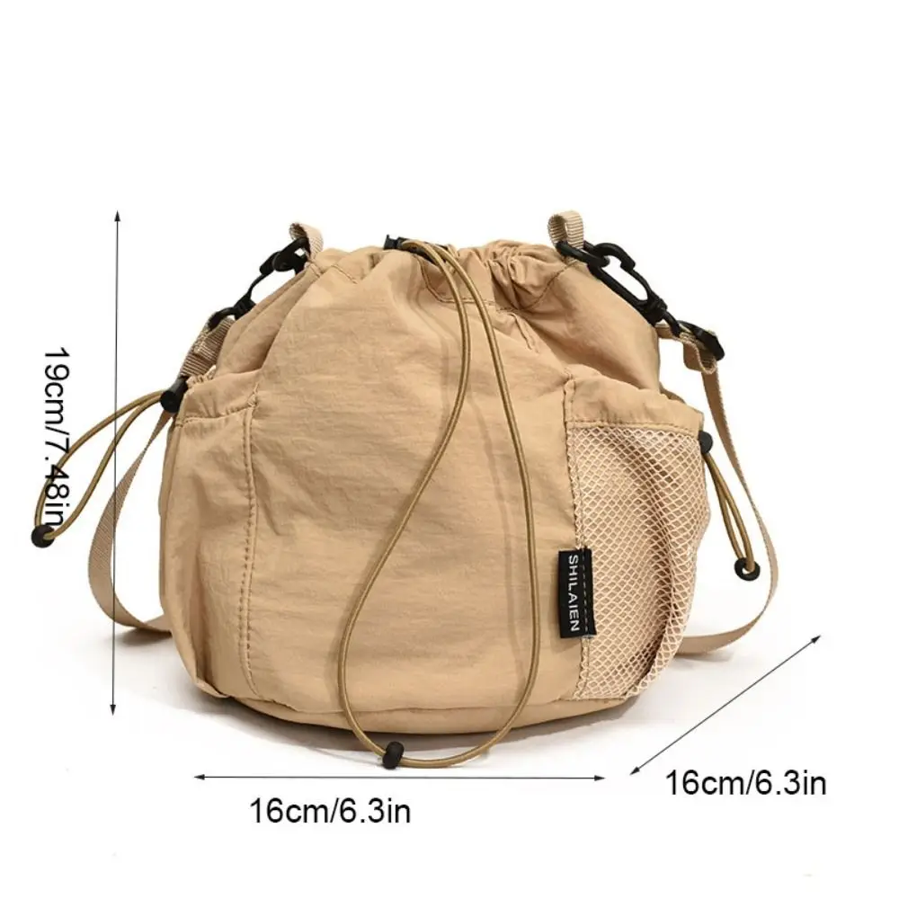 Korean Style Drawstring Bucket Bag Solid Color Large Capacity Nylon Crossbody Bag Mesh Adjustable Shoulder Strap Shoulder Bag