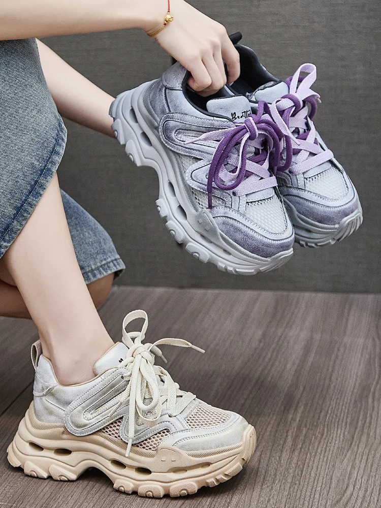Women's Sporty Casual Shoes Summer Mesh Thick Bottom Heightening Dad Shoes American Trendy Vintage Student Shoes Low Top