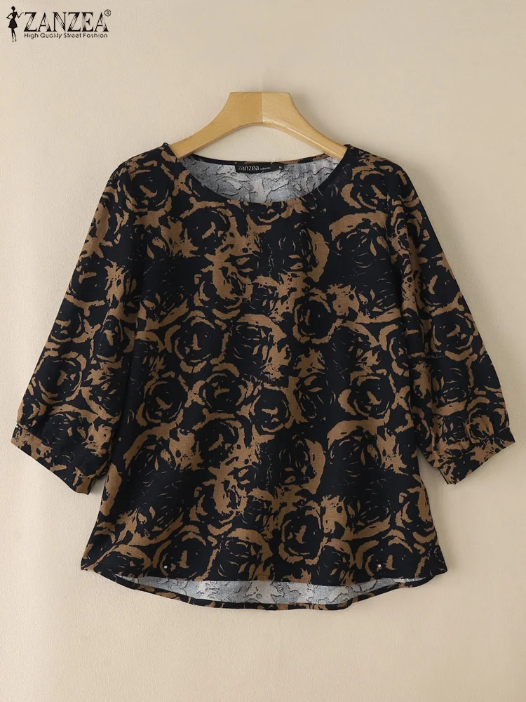 ZANZEA Woman Vintage Floral Printed Cotton Blouses Summer Casual 3/4 Sleeve O-Neck Blusas Mujer Vacation Loose Day Wear Tops