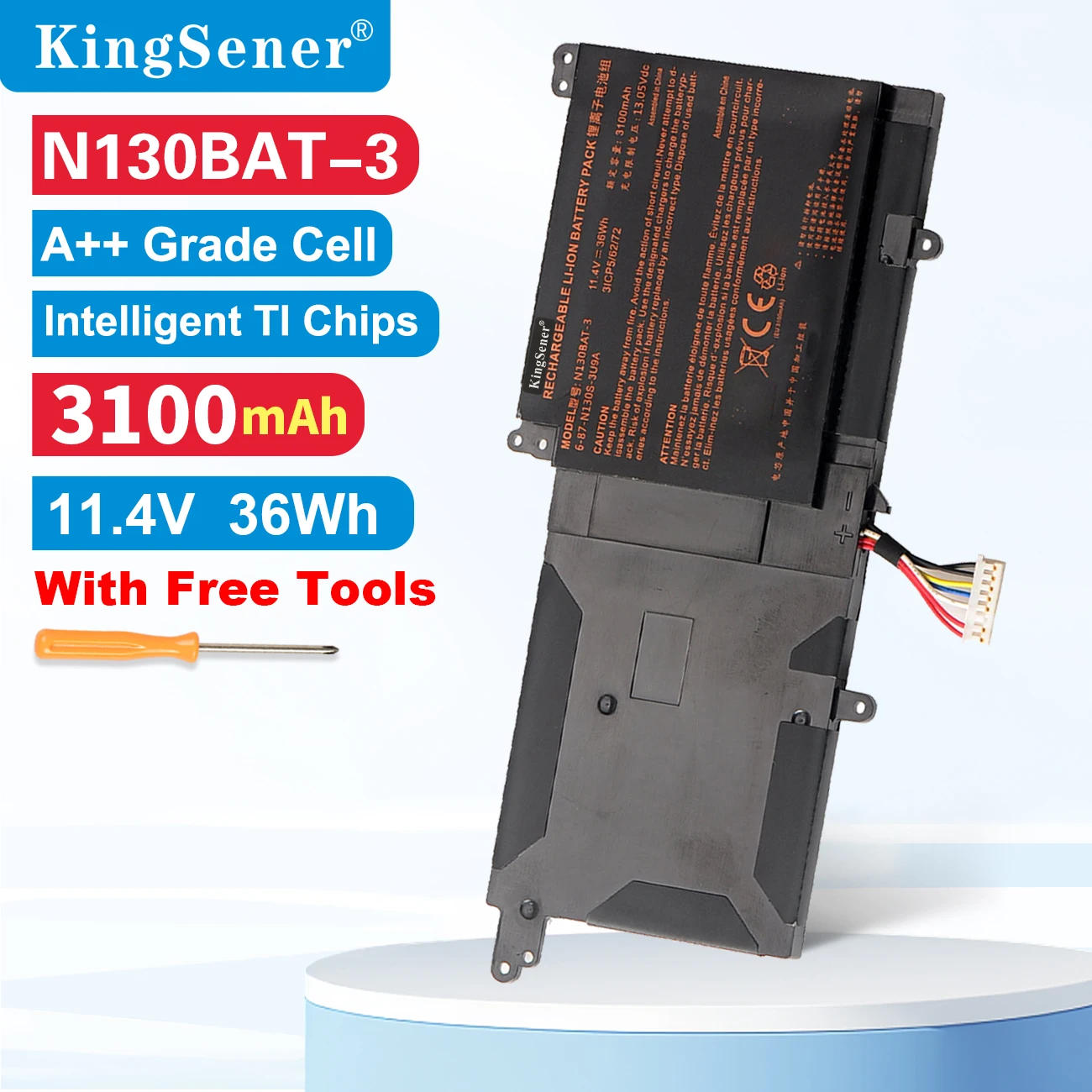 

KingSener 11.4V 36WH N130BAT-3 Battery for CLEVO N130BAT-3 6-87-N130S-3U9A N130BU 130WU N131BU N131WU NP3130 Pro 13 14 N130BU