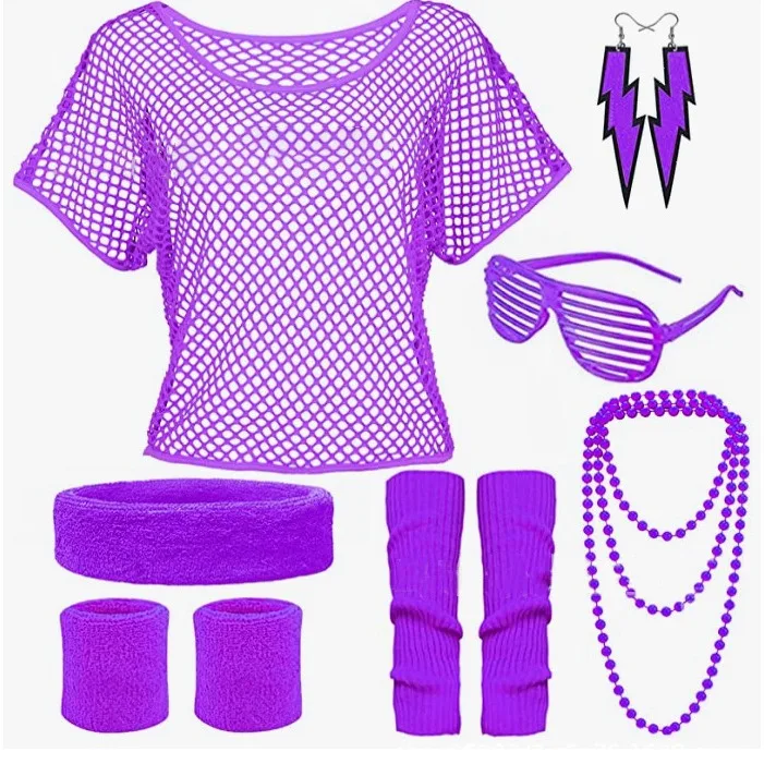 Kids Neon Performance Outfit Fishnet Top Glasses 7 Piece Party Dance Costume Set