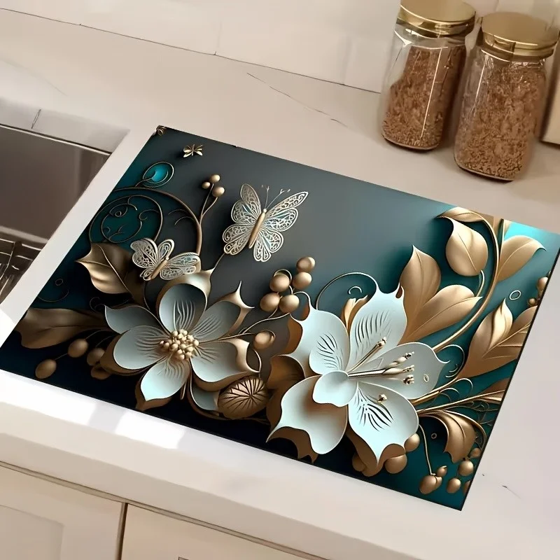 Kitchen Drying Mat Vintage Black White Tile Print, Heatproof Decorative Counter Protector Mat