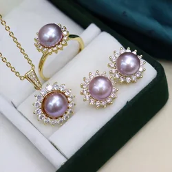 one set freshwater pearl white 8-9mm pendant /earrings/Ring gray/pink/black/yellow/purple