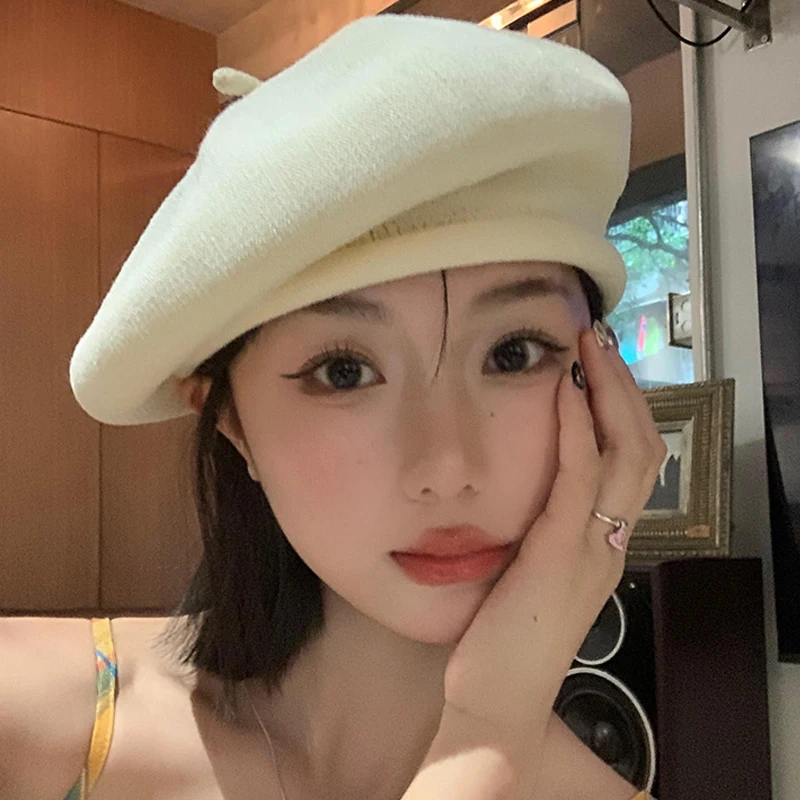 Milky White Knitted Berets for Women Sweet Cute Woolen Painter Hat Casual Soft Panama Beret Cap Lady Fashion Elegant Newsboy Hat