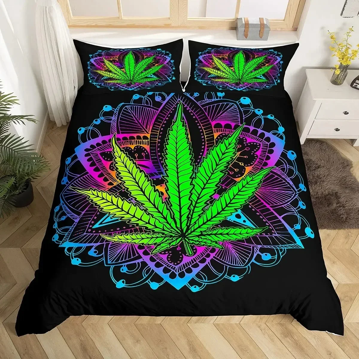 

Trippy Marijuana Leaf Bohemian Blue Purple Mandala Comfortable Duvet Quilt Cover Pillowcase Bedding Set Decoration Home Textile