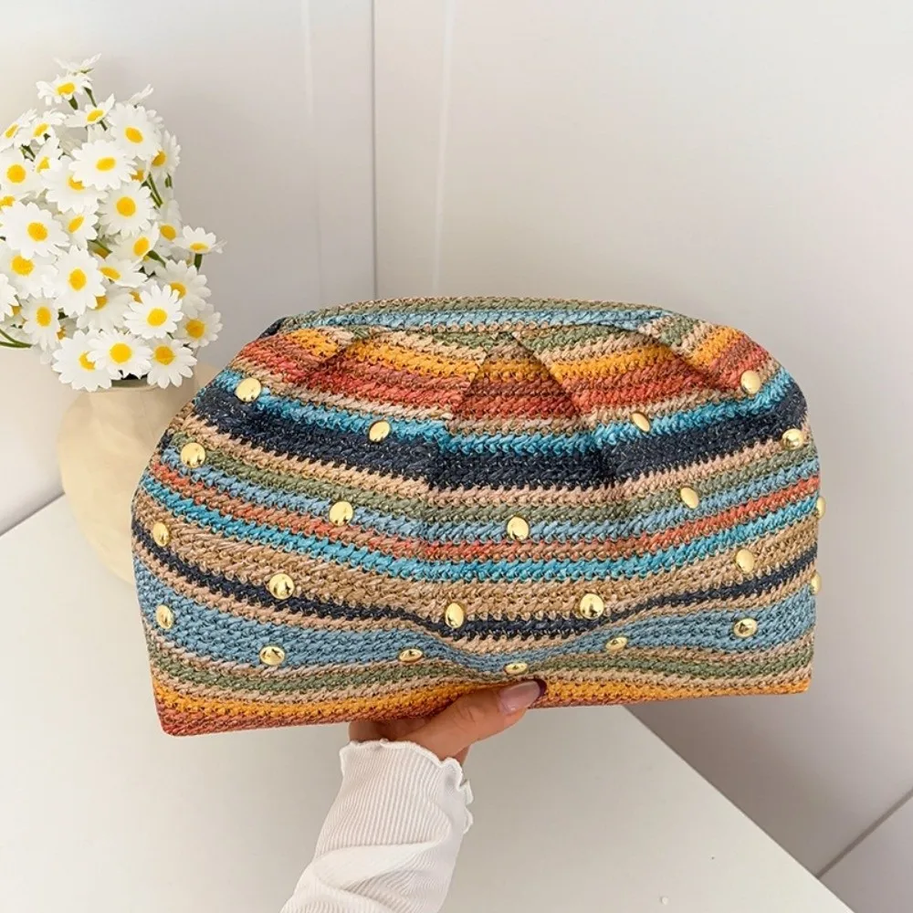 Portable Rainbow Stripe Women Handbag Large Capacity Casual Evening Purse Chic Versatile Makeup Bag for Women