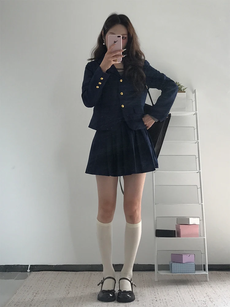 Minceur coréen collège Sle costume ensemble femmes automne nouveau k bleu costume Jaet jupe plissée deux pièces ensemble Faionable