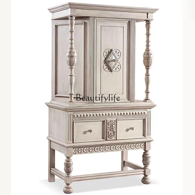

*French retro old foyer entrance cabinet American engraved wall storage side cabinet
