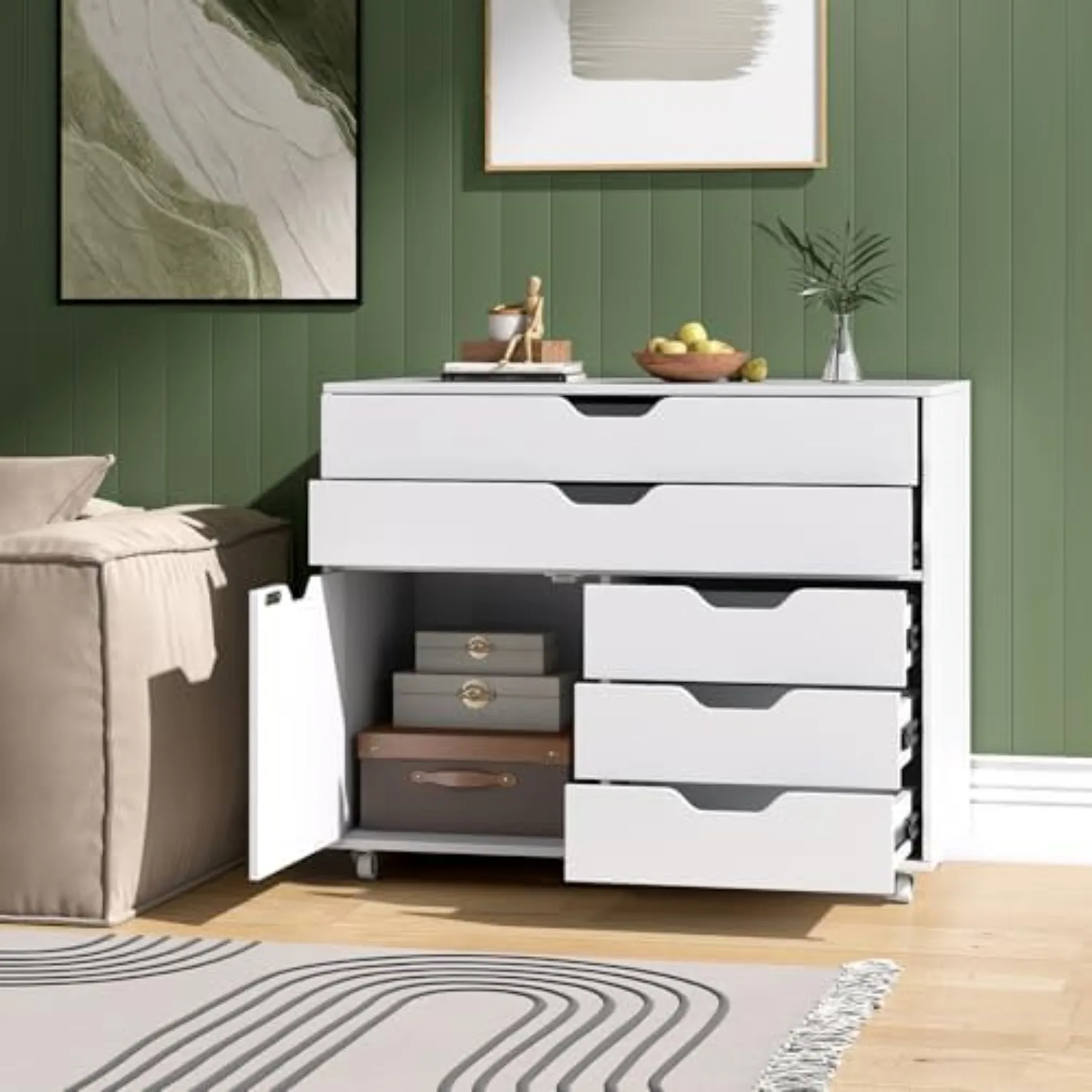 Rolling File Cabinet, 5-Drawer Filing Cabinet, White | Mobile Storage Cabinet with Door and Lockable Metal Wheels, Wood