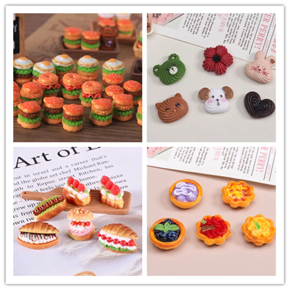 Kawaii 3D resina hamburguesa pastel galletas fruta ensalada simulación comida arte suministro Flatback cabujón DIY artesanía decoración para casa de muñecas