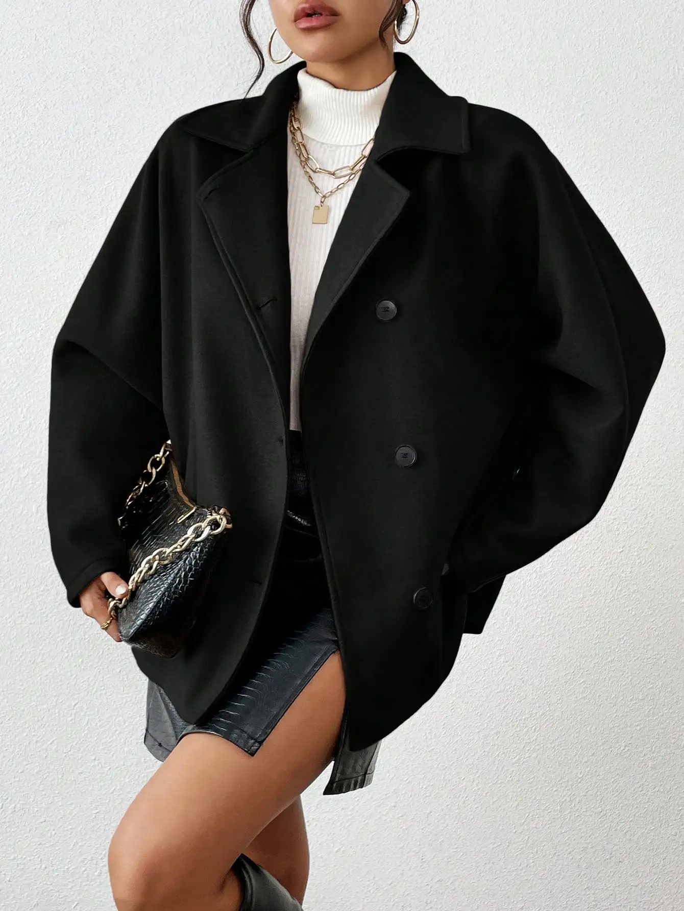 

Женский черный блейзер оверсайз с рукавами «летучая мышь», повседневный ретро-стиль для осени и зимы