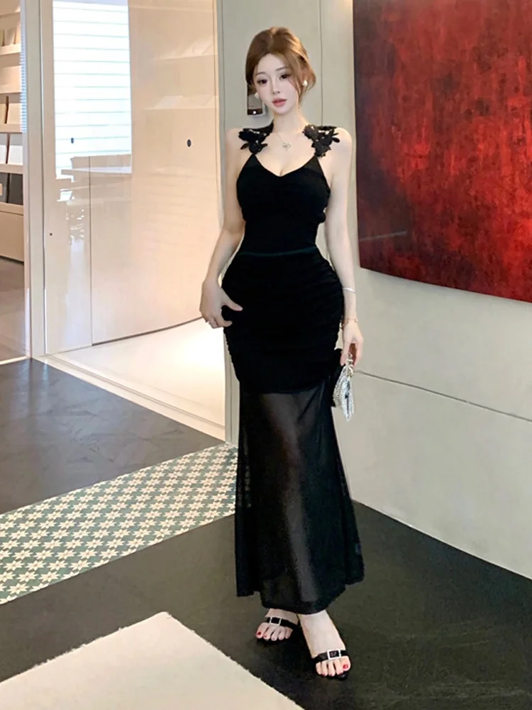 

Ele Sexy Spicy Girl V-ne Low-cut Strap Dr Pure Desire Sexy Embroidered See-tough ter Long Skirt for Women