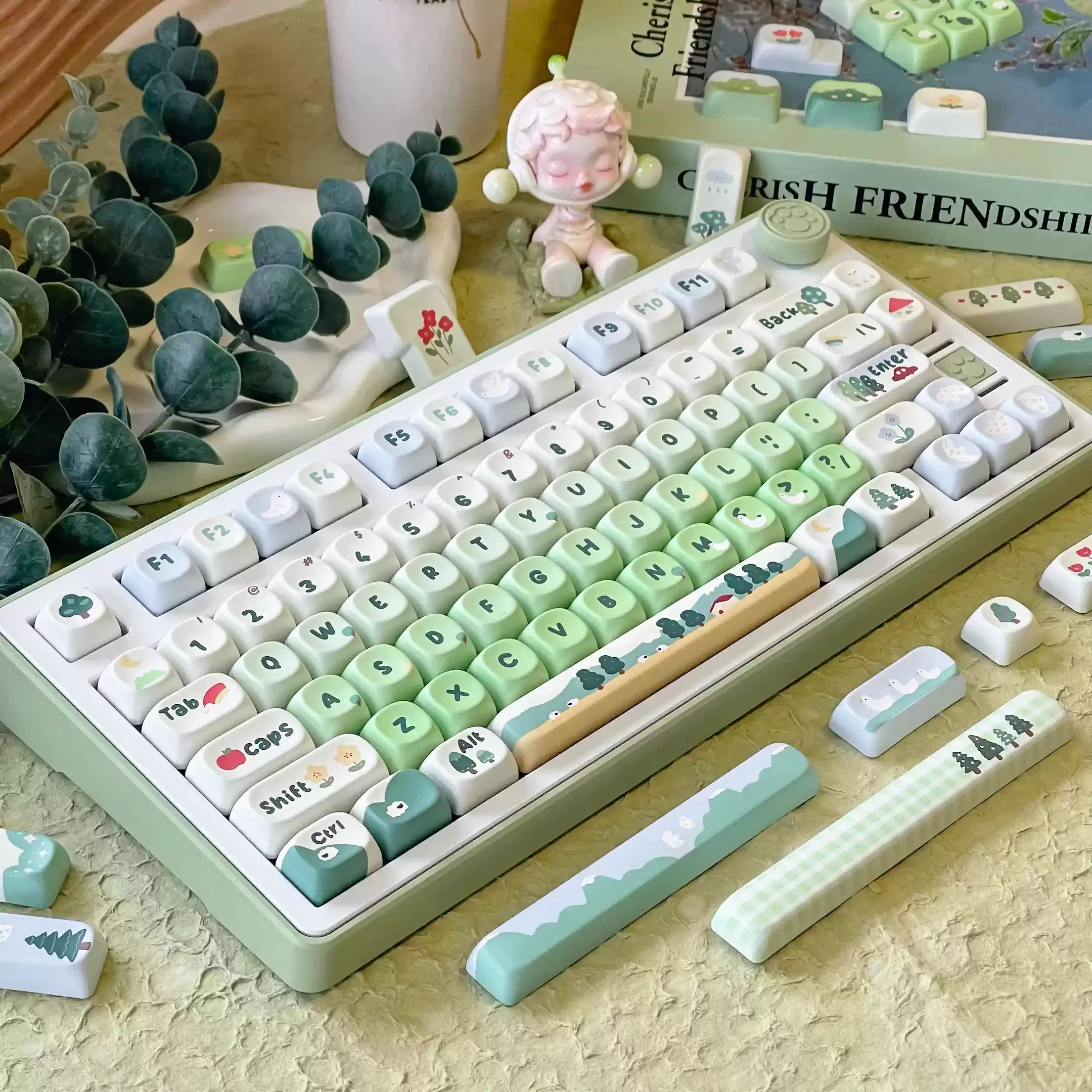 New Cute MOA Profile 141-Key Mechanical Gaming Keyboard Keycap Fresh and Light Green ISO Layout Forest Birds Design PBT Material