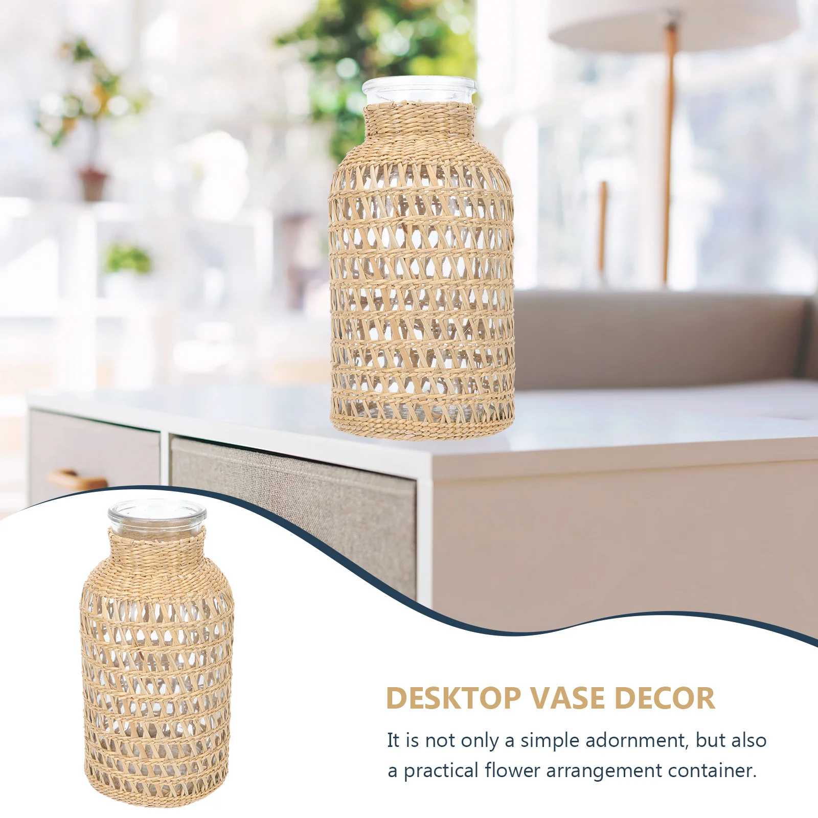 

1pc Rattan Weaving Glass Vase Creative Desktop Decor For Dried Flowers Home Decoration Simple Flower Container Office Table