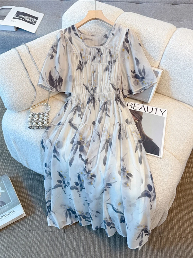 Summer 2025 plus Size Women's Dress Loose High Waist Print Long Dress Robe Elbise Big Flower Korean Style Dress for Fat MM