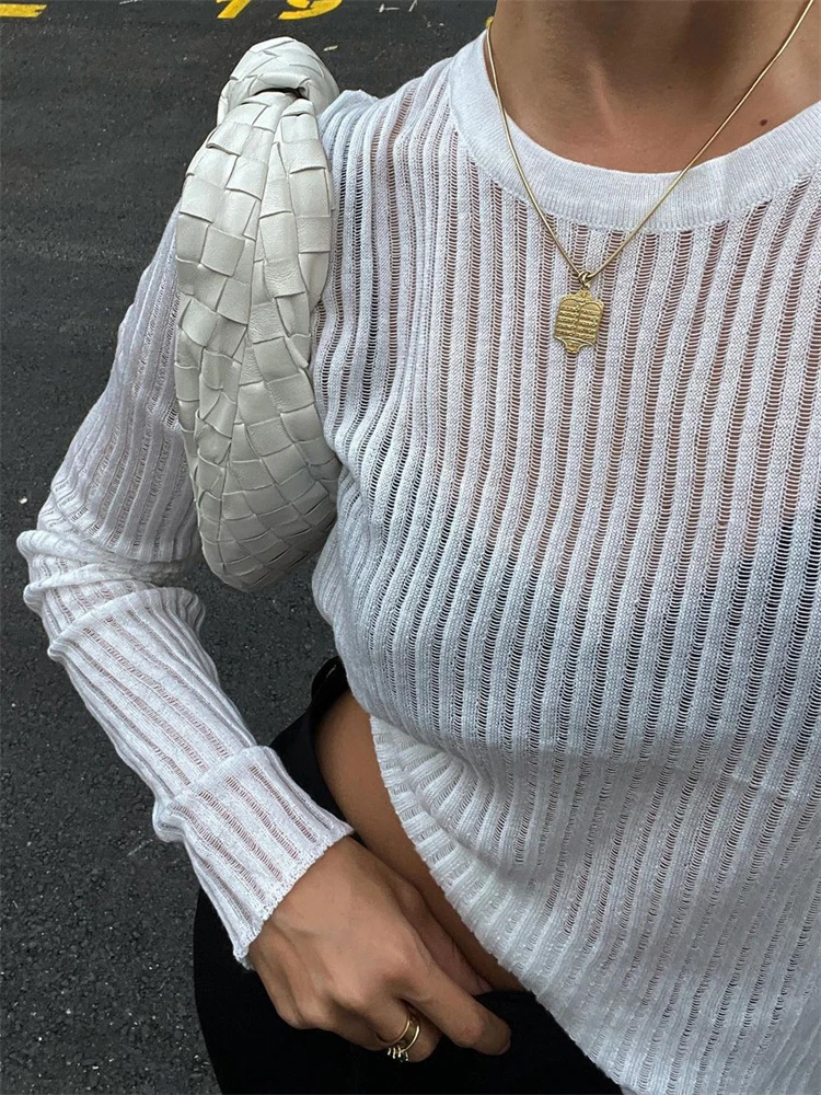 Tossy Ribbed See-Through Knit Pullover Female Hollow Out Slim Solid Long Sleeve Top Sheer Casual Knitwear Ladies Pullover Summer