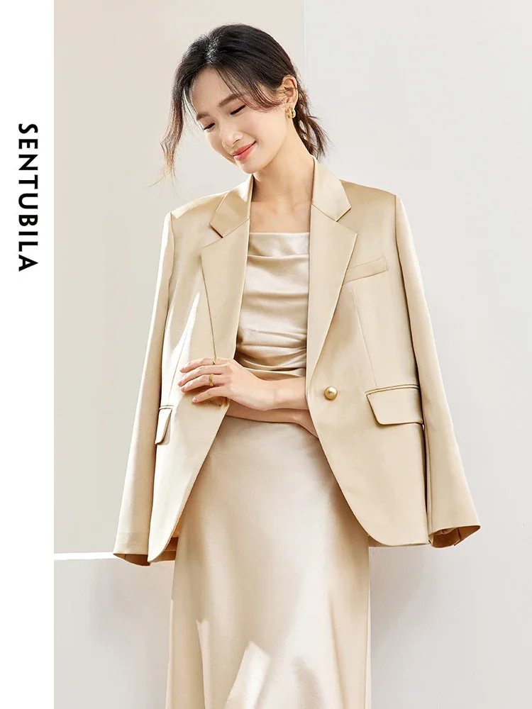 SENTUBILA Women Satin Blazers 2024 Spring Autumn Casual Notched Suit Jacket Woman Long Sleeve Female Tailored Coat 141X52993