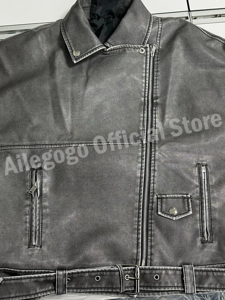 Ailegogo Spring Autumn Women Loose Retro Pu Faux Leather Jacket Vintage Female Zipper Belt Moto Biker Coat Chic Outwear