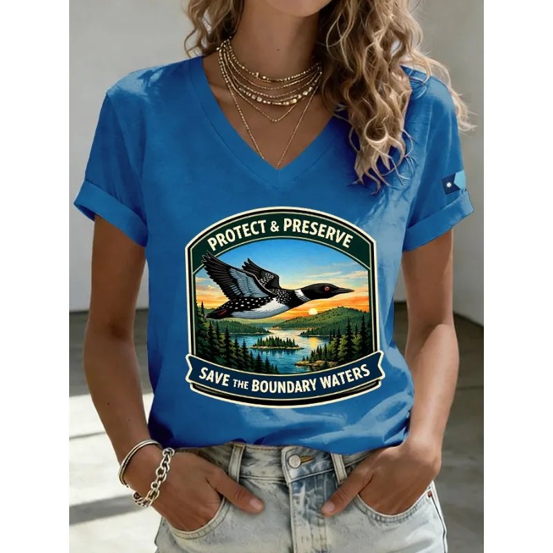 ilstile Women's Save The Boundary Waters Print T-Shirts Summer Short Sleeve Casual V Neck Tops Black White Blue Green Tees NEW