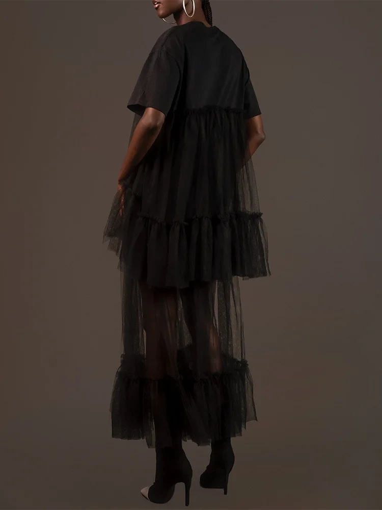 VGH Minimalist Patchwork Mesh Dresses For Women Rounf Neck Short Sleeve High Waist Pullover Soild Dress Female Fashion Clothing