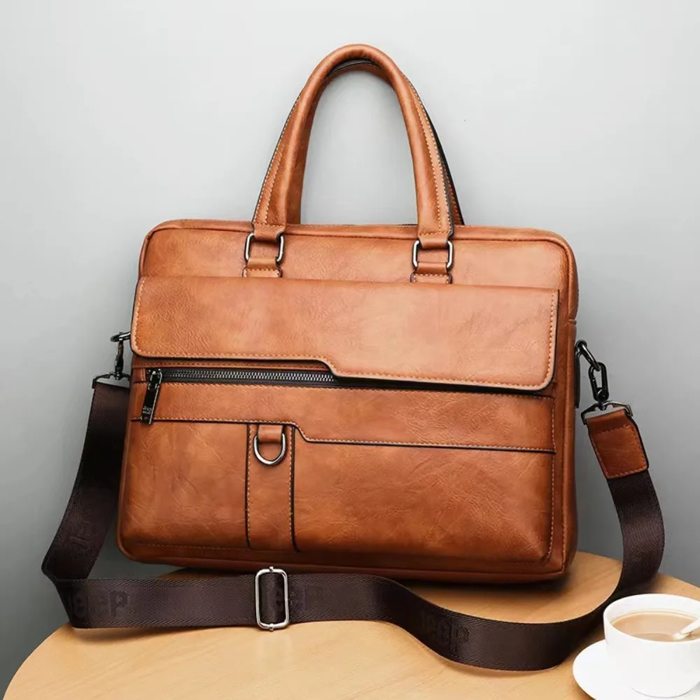 Retro Briefcase Bag For Men Business Shoulder Bag Crossbody Bag PU Leather Messenger Bag Man Office Handbag Laptop Bag Male Tote