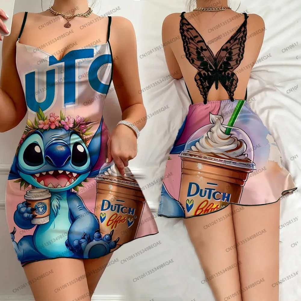 Abito da donna elegante alla moda estiva, festa senza schienale, camicia da notte sexy, senza maniche, gonna con bretelle con stampa a punto di pizzo a farfalla