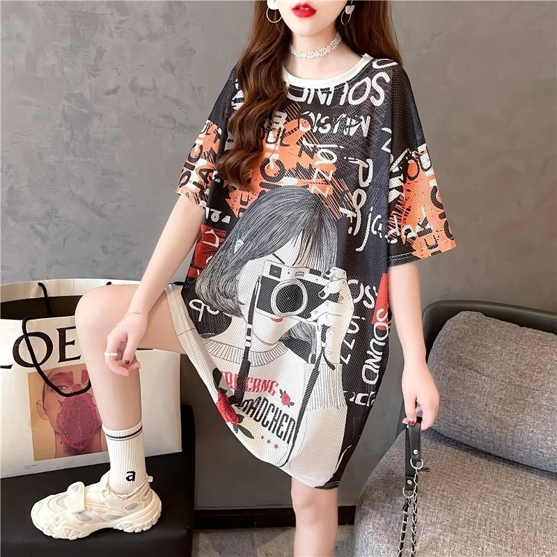 #4202 Sommer T-Shirt Kleid Frauen kurze Ärmel koreanischen Stil schnell trocknende Frauen T-Shirt Kleid übergroße aushöhlen Mini kleid Damen