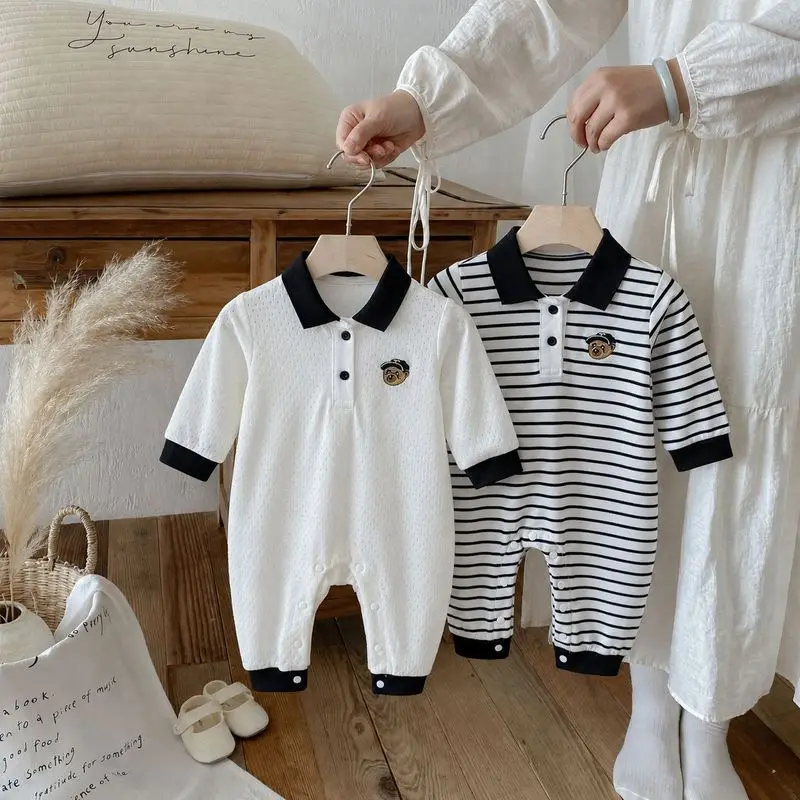 Baby Polo Romper Bear Embroidery Long Sleeve Color Block Cuff Newborn One Piece Jumpsuit Infant Outfit
