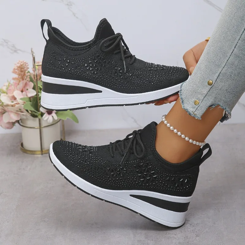 

Women's Shiny Rhinestone Wedge Sneakers Breathable Knit Non Slip Walking Shoes Lace Up 6CM Heel Zapatillas De Mujer Size 36 43