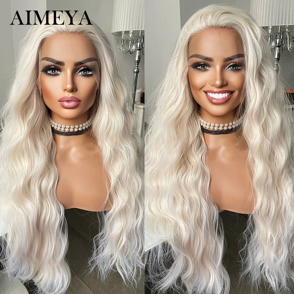 Synthetic Lace Wig Soft Preplucked #60 Platinum Blonde Wigs for Women 26Inch Deep Wave Lace Front Wig Synthetic Daily Wear Wigs