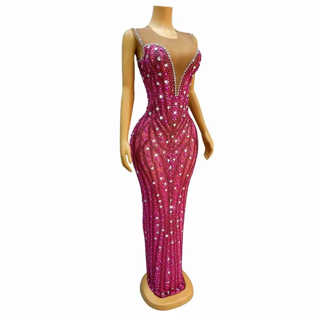 Sexy Stage Rose Rhinetones Pearls Sleeveless Dress Birthday Evening Celebrate Costume Dance Birthday Party Show Evening Dress