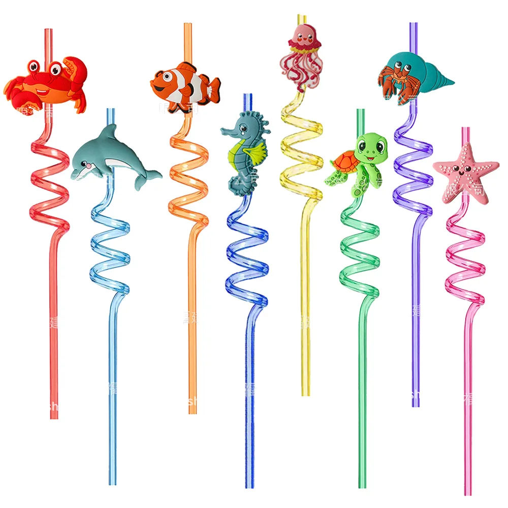 Sea Animals Plastic Drinking Straws Turtle Crab Shark Ocean Animals Keychain Under the Sea Themed Birthday Party Favor Supplies