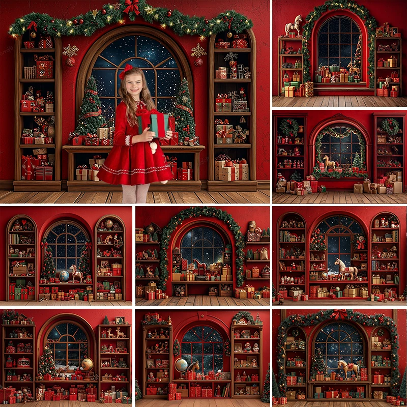 

LS Photography Background Red Christmas Tree Window Cute Toy Bear Backdrop Family Xmas Gatherings Holiday Party Prom Studio
