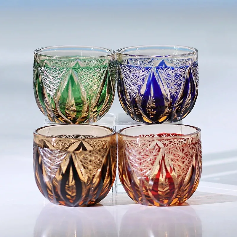 2 oz Japanese Sake house Colored Sake Glass Edo Kiriko shot glass cold tea cup engraved soju glass cup Amber guest party
