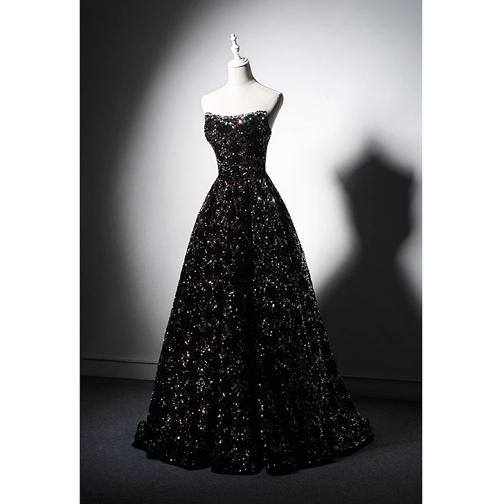 Vestido de noche negro brillante sin tirantes, vestidos de lentejuelas de lujo, línea A, longitud hasta el suelo, fiesta de boda, banquete, baile de graduación, 2023