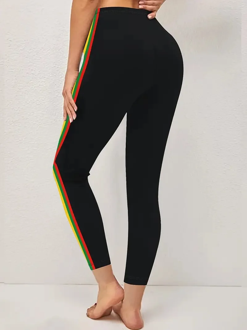 Matching striped print casual stretch slim leggings at home, work, travel and wear comfortable female leggings