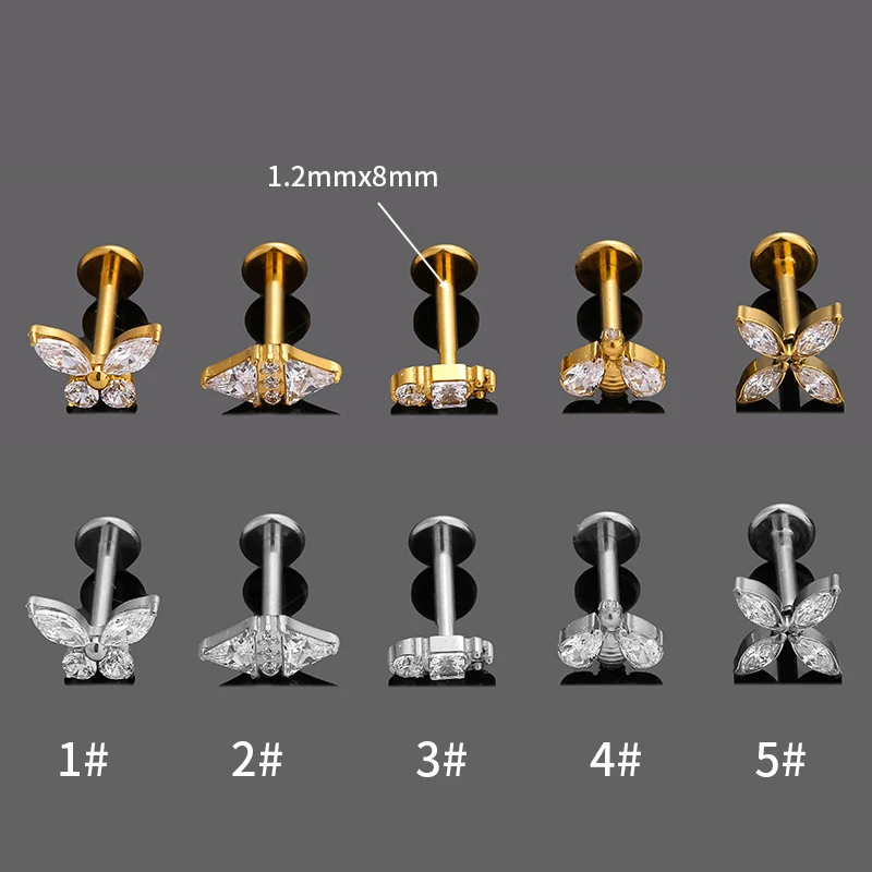 1PC G23 Titanium Zircon Butterfly Cartilage Earrings 16G Internal Thread Lip Stud Helix Ear Stud Tragus Lobe Piercing Jewelry