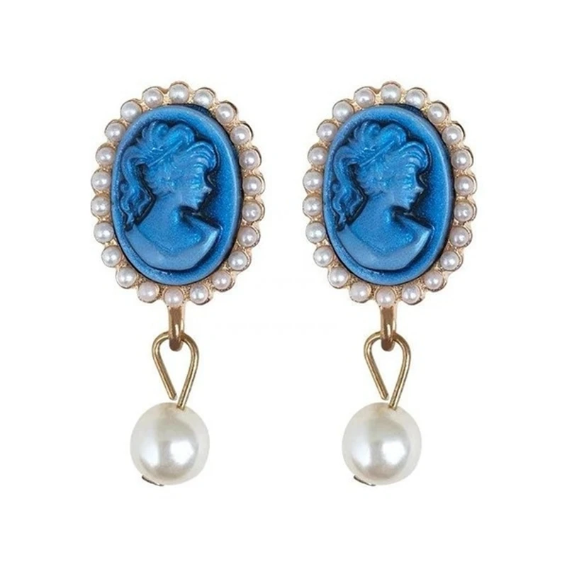 Vintage Blue Portrait Pearl Baroque Palace Style Cameo Queen Head Portrait Earrings Ins Temperament  Silver Color Needle Earring