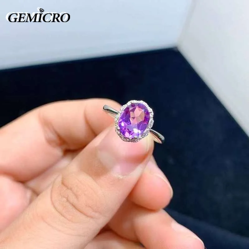 Gemicro 925 Silver Elegant Natural Amethyst Ring for Women Purple Gemstone Ladies Resizable Rings Fine Jewelry