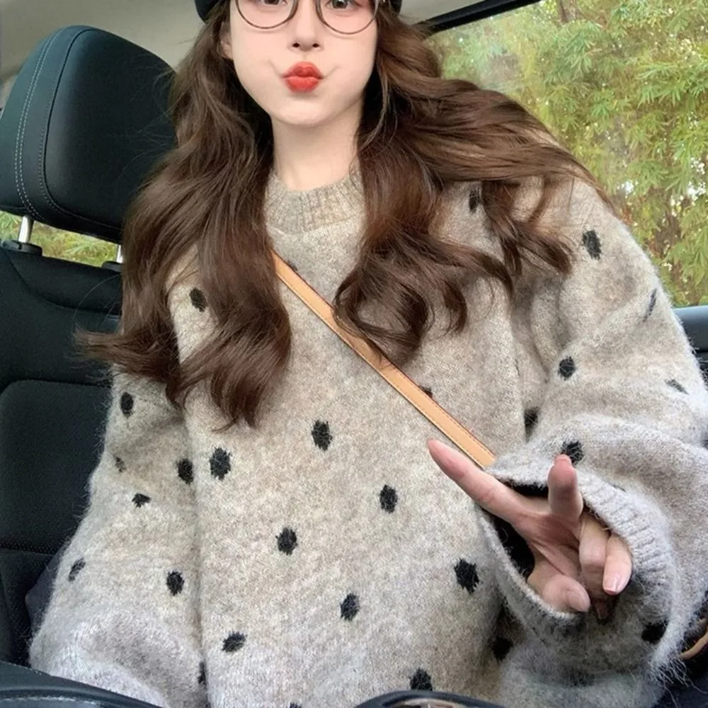 

Fashion Long Sleeve Knit Short Sweater Autumn Loose Dot Crochet Knitwear Soft Women Top Sweet Girl's Pullover Spring/Winter