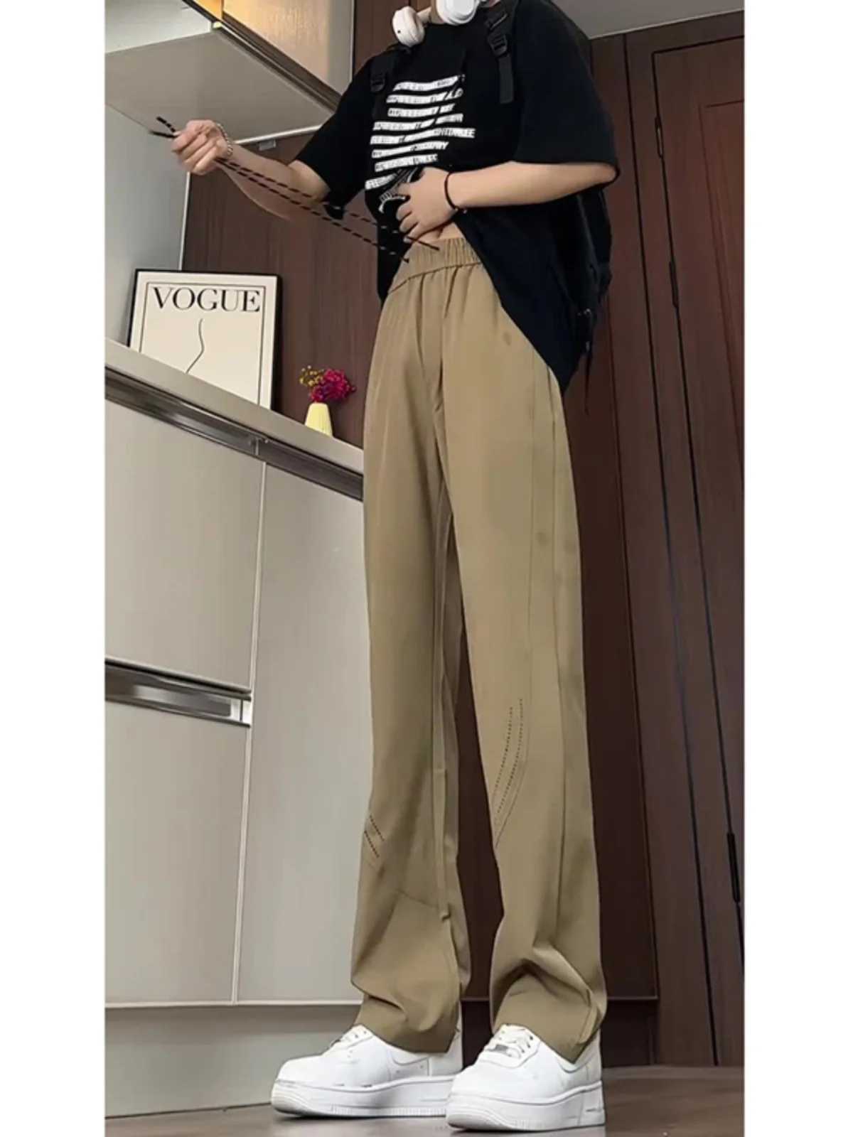 

Khaki Ice Silk Sports Pants Men's Summer Cool Feeling Breathable Qui Dry High Waist Slimming American Casual Long Pants