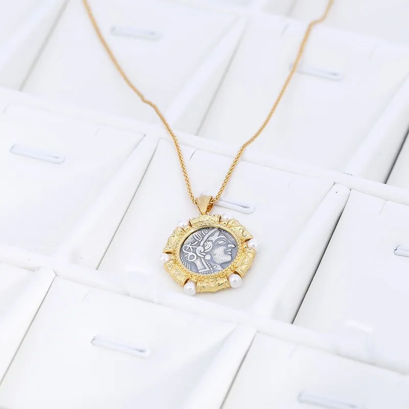 

Greek Goddess Athena Double-sided Pattern Owl Retro Fashion Mysterious Sterling Silver Pendant Necklace