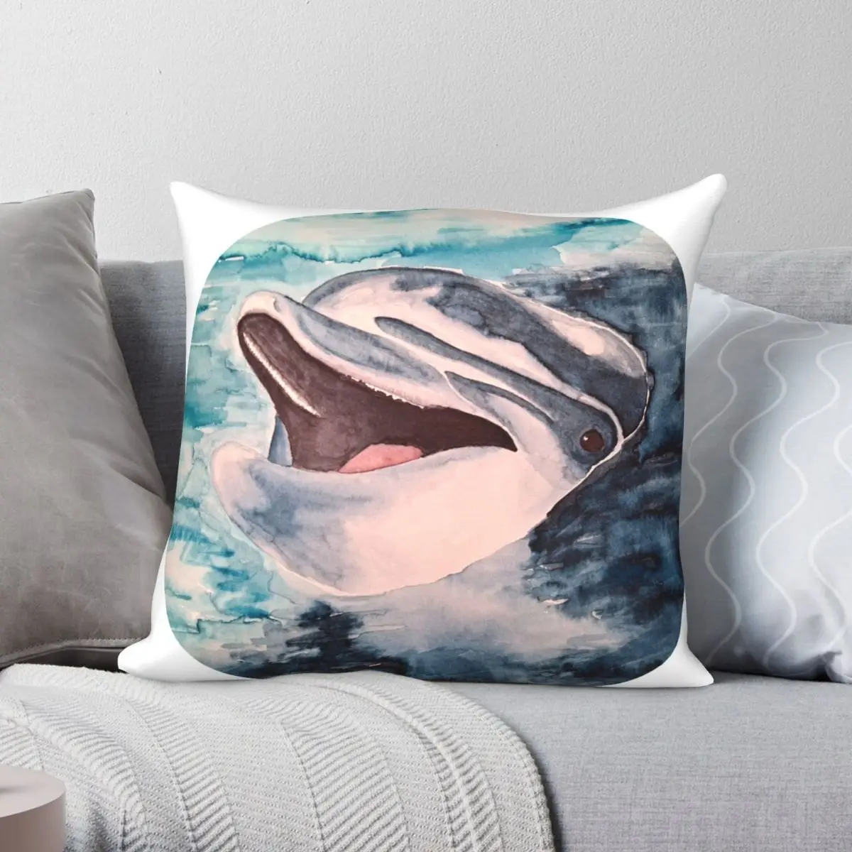 

Happy Dolphin Pillowcase Polyester Linen Velvet Pattern Zip Decor Room Cushion Case 18"